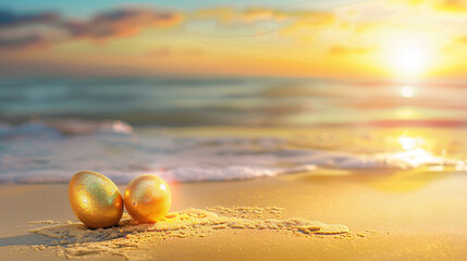 Serene Atmosphere at Sunset: Elegant Clipart with Golden Easter Eggs on Golden Beach.