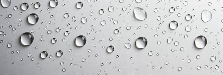 User
 close-up of water droplets on a silver surface. Droplets are distributed across the image, with some closer together and others more spaced out. The silver surface reflects the droplets, creatin - obrazy, fototapety, plakaty