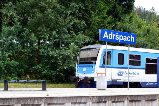 Train station in Adrspach, Czech Republic. Ceske drahy (English: Czech Railways) - railway operator company. Adrspach, Czech Republic - August 10 2023: 