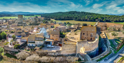 Aerial view of Peratallada, historic artistic small fortified medieval town in Catalonia, Spain...