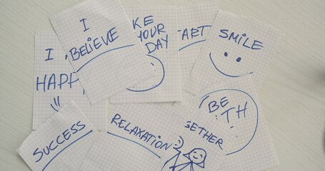 write motivational notes on paper believe, make your day, smile, relaxation, together, happy, start, 