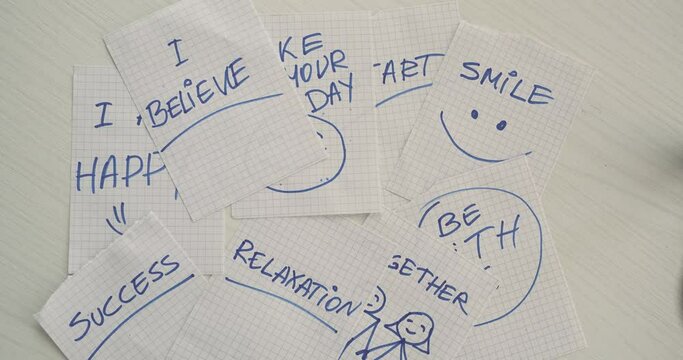write motivational notes on paper believe, make your day, smile, relaxation, together, happy, start, 