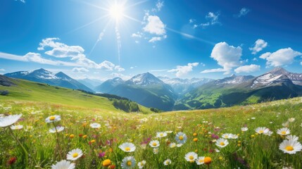 Spring flower meadow. Chamomiles and other colorful flowers. Beautiful sunny day. Mountains at background. AI Generated 