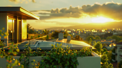 Harnessing Renewable Energy: Modern Solar Panels on Rooftops for Green Energy Solutions - obrazy, fototapety, plakaty