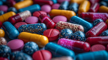 Pharmaceutical capsules and tablets in vibrant colors on white - obrazy, fototapety, plakaty
