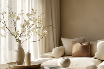 Fototapeta na wymiar Beige sofa, light brown pillow and wall, vase with flowers, ivory curtains. Cozy and minimalist interior design with copy space, quiet luxury concept. 