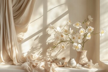 A beige curtain, light from the window falls on the wall and illuminates white flowers in a beige vase. Ivory tones, neutral color and quiet luxury.