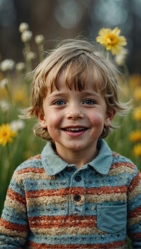 Niño ruibio caucásico sonriente y feliz rodeado de naturaleza en una escena de primavara