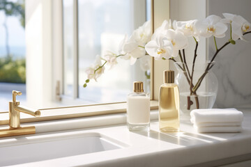 Sink with gold faucet in the bathroom with body cosmetics, orchid and towels. White and gold tones...