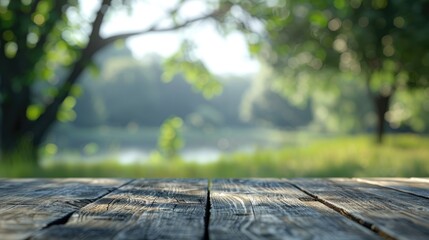 empty table background with defocused nature theme in background