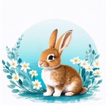 Logo rabbit in flowers, 3D illustration, drawing cartoon for design.