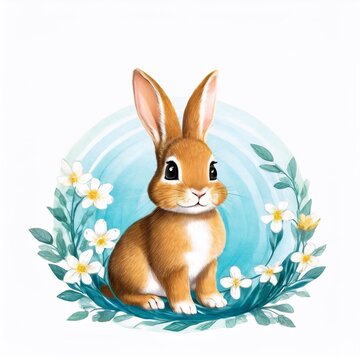 Logo rabbit in flowers, 3D illustration, drawing cartoon for design.