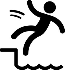 Caution symbol, icon of stick figure man falling in water. Workplace safety and injury vector illustration.
