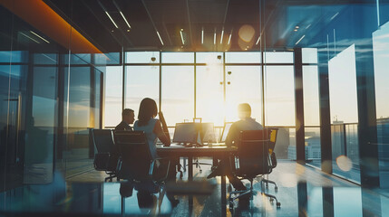 During the golden hour, colleagues collaborate in a glass conference room for a corporate meeting, collectively analyzing data, discussing reports, and brainstorming solutions.