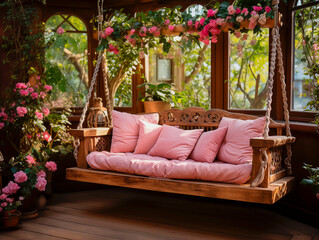 Very cozy wooden garden swing with garlands in the garden