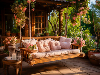 Very cozy wooden garden swing with garlands in the garden