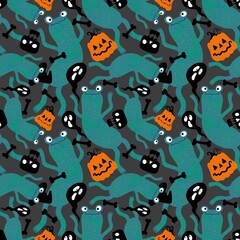 Halloween animals seamless frogs and pumpkins and ghost and skulls pattern for wrapping paper and fabrics 