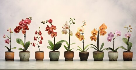 orchids in pots in the style of digital airbrushing, realistic yet stylized, digitally enhanced,...