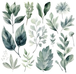 the watercolor images of a collection of leaves, in the style of dark green and light gray, pastoral charm, meticulously detailed, rtx on, white, environmental, multiple styles - obrazy, fototapety, plakaty