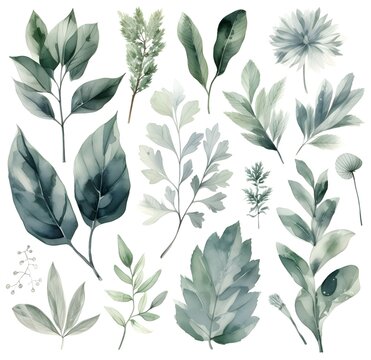 the watercolor images of a collection of leaves, in the style of dark green and light gray, pastoral charm, meticulously detailed, rtx on, white, environmental, multiple styles