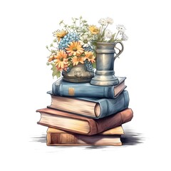 cottagecore pile of books beside a vase with wildflowers in the style of digital airbrushing,...