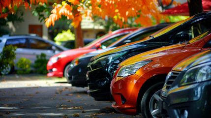 A row of cars parked neatly in an outdoor parking lot with vibrant surroundings. Showing a mix of...
