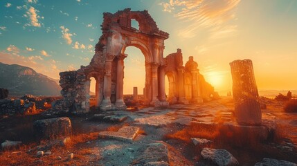 Ancient ruins at sunset, history and archaeology, golden light - obrazy, fototapety, plakaty
