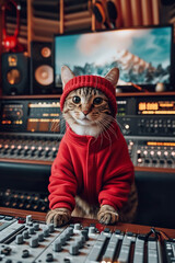 cat sound engineer working at record music studio, animal musician sitting with professional audio mixer console