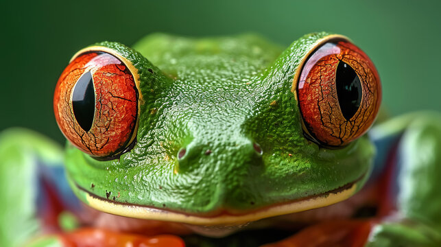 macro shot of exotic green tree frog with red eyes