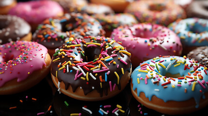 Fototapeta na wymiar Dessert donuts, various colors, sprinkled with toppings on top