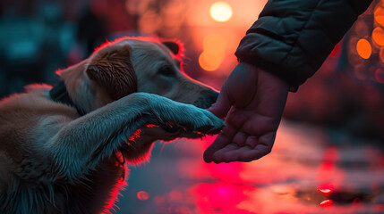 man and dog handshake with hand and paw, trust and friendship of human and animal
