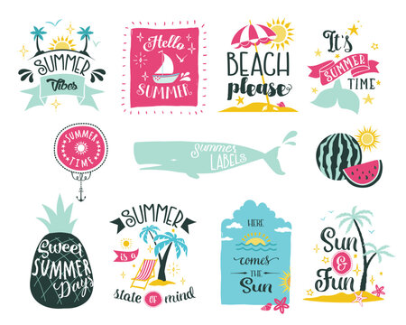 Set of colorful summer-themed labels, banners and clip art