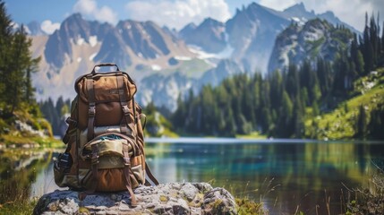 majestic traveling backpack on a stone over a beautiful lake and big mountains