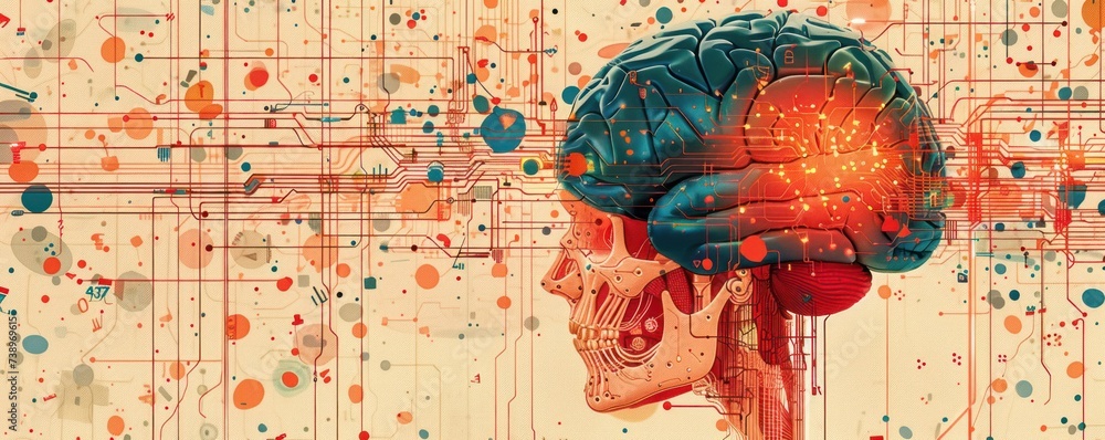 Poster cognitive computing, abstract brain circuitry - thought tech, stylized