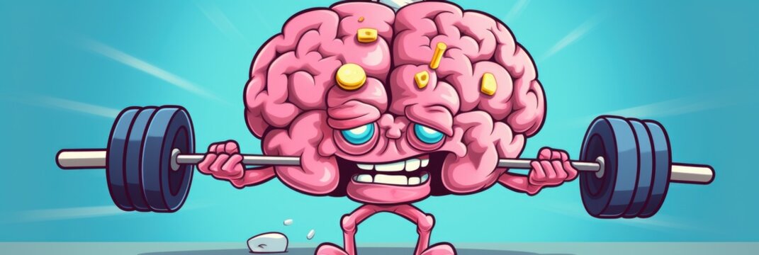 Cartoon Brain Lifts Barbell in Display of Strength and Determination. Generative AI.