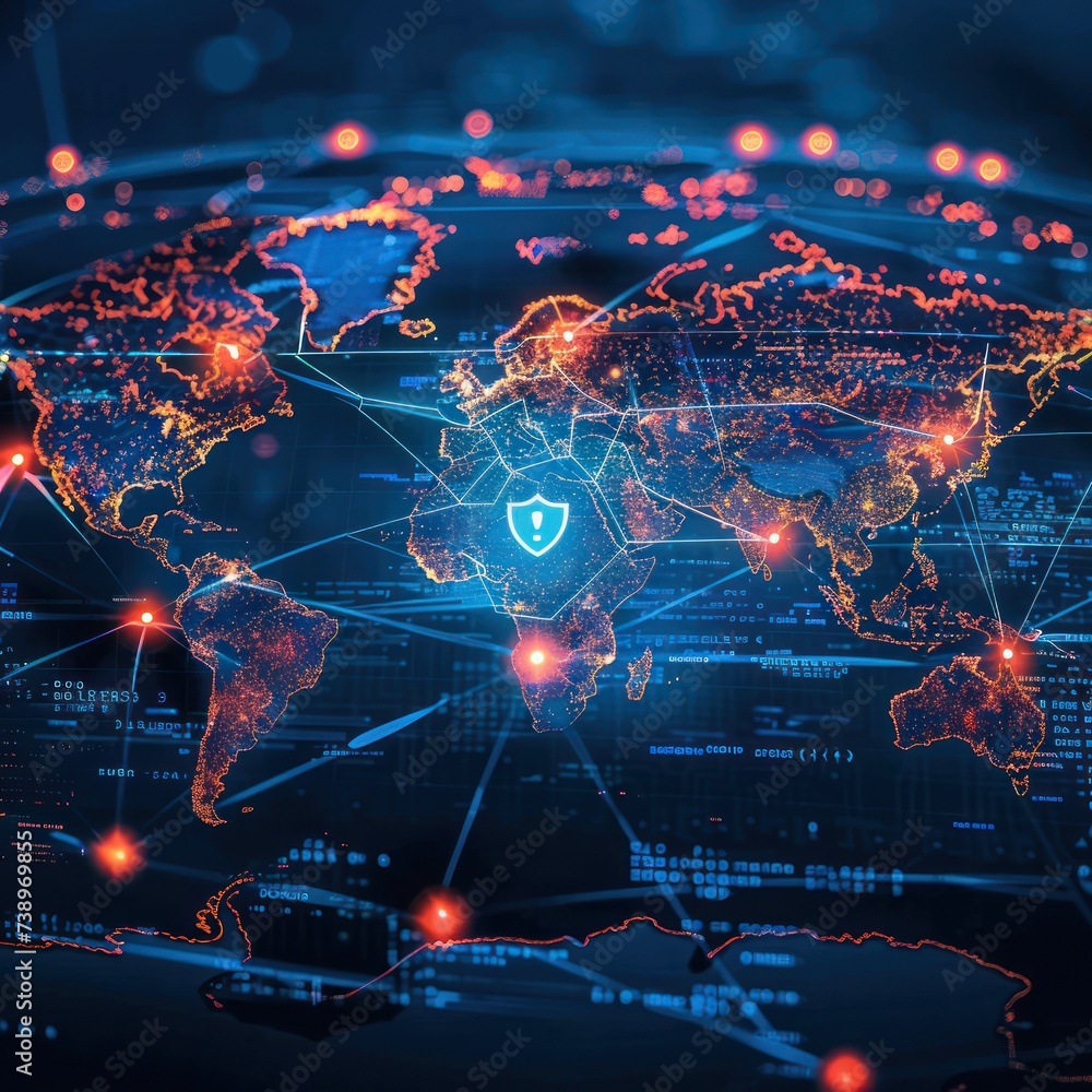 Poster cybersecurity shield over a digital world map, protecting data flows
