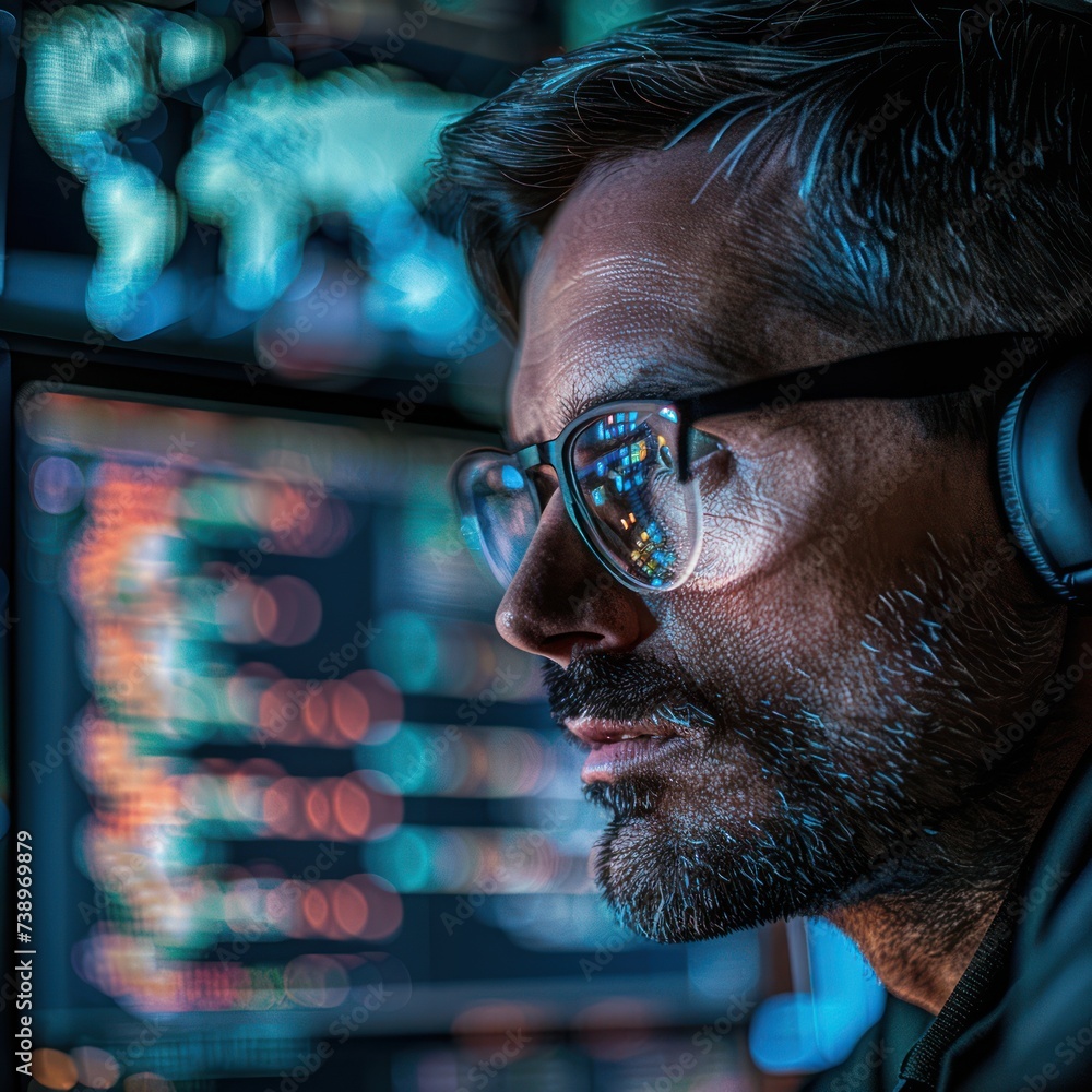 Poster cybersecurity expert using ai to detect threats, close-up on digital forensics tools