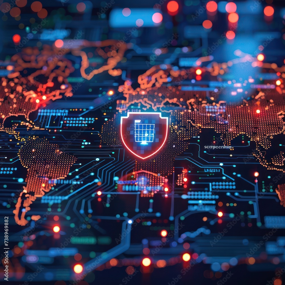 Poster cybersecurity shield over a digital world map, protecting data flows