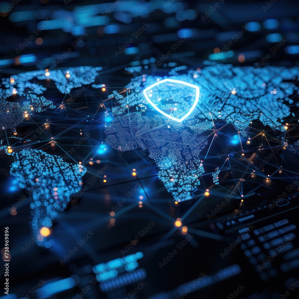 Poster cybersecurity shield over a digital world map, protecting data flows