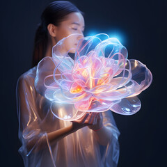 Naklejka premium Pretty young woman and big pink flower on background made of reflective plastic materials. Futuristic iridescent concept.
