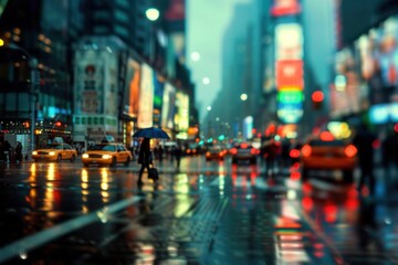 A rainy urban evening comes to life with the colorful blur of city lights and the glow of taxis on the wet streets..