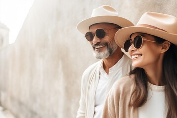 A mature couple wearing stylish hats and sunglasses shares a joyful moment, ideal for articles on relationships and aging with grace.. - obrazy, fototapety, plakaty