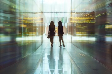 Two businesswomen stride down a modern corporate hallway, their figures captured in motion blur, reflecting the fast pace of city life..