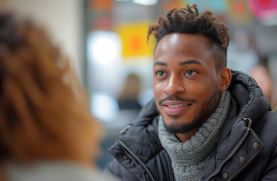 Candid Conversation: Young Man's Engaging Smile and Winter Fashion