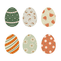 Set of cute decorated Easter eggs isolated on white background. Collection of symbols of religious holiday covered with different patterns - dots, flowers, stripes. Holiday vector flat illustration