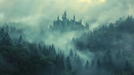 Fairy tale castle in a misty forest, magical and mysterious, fantasy landscape - obrazy, fototapety, plakaty