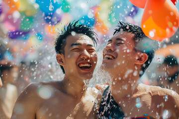 A gay male couple is joyously engaged in Songkran's water festivities