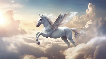 Unicorn riding in sky on clouds