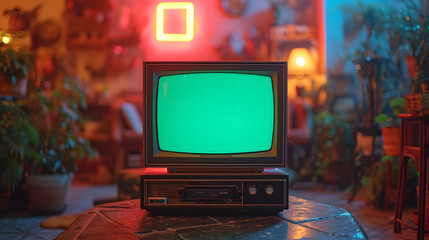 Close Up Footage of a Dated TV Set with Green Screen Mock Up Chroma Key Template Display. Nostalgic Retro Nineties Technology Concept.
