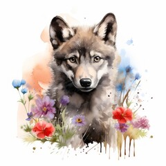 Wolfswelpe Aquarell Blumenwiese Niedlich Wildtier Natur Illustration Tierkind Frühling Sommer Kunstwerk Wandbild Kinderzimmer Dekoration Geschenkidee